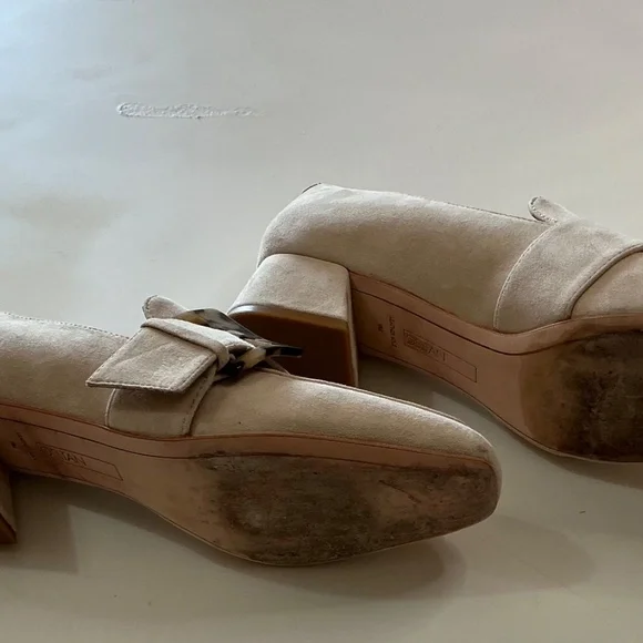 Deltan Veronica Suede Tortoise Buckle Flared Block spring heel pumps 9M - Picture 9 of 13